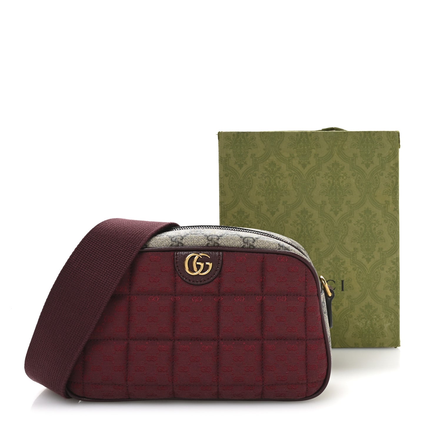 Monogram GG Mignon Textured Dollar Calfskin GG Supreme Monogram Quilted Small Crossbody Bag  Burgundy Beige Ebony