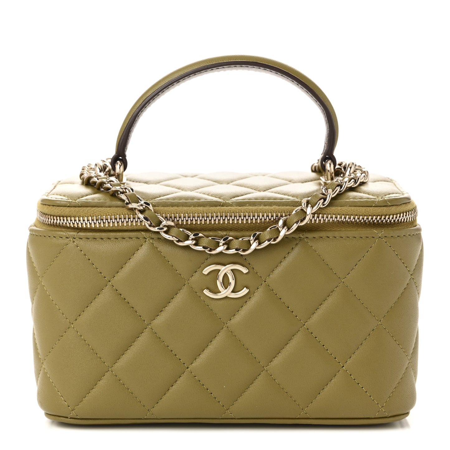 Lambskin Quilted Small Top Handle Vanity Case With Chain Green Brown