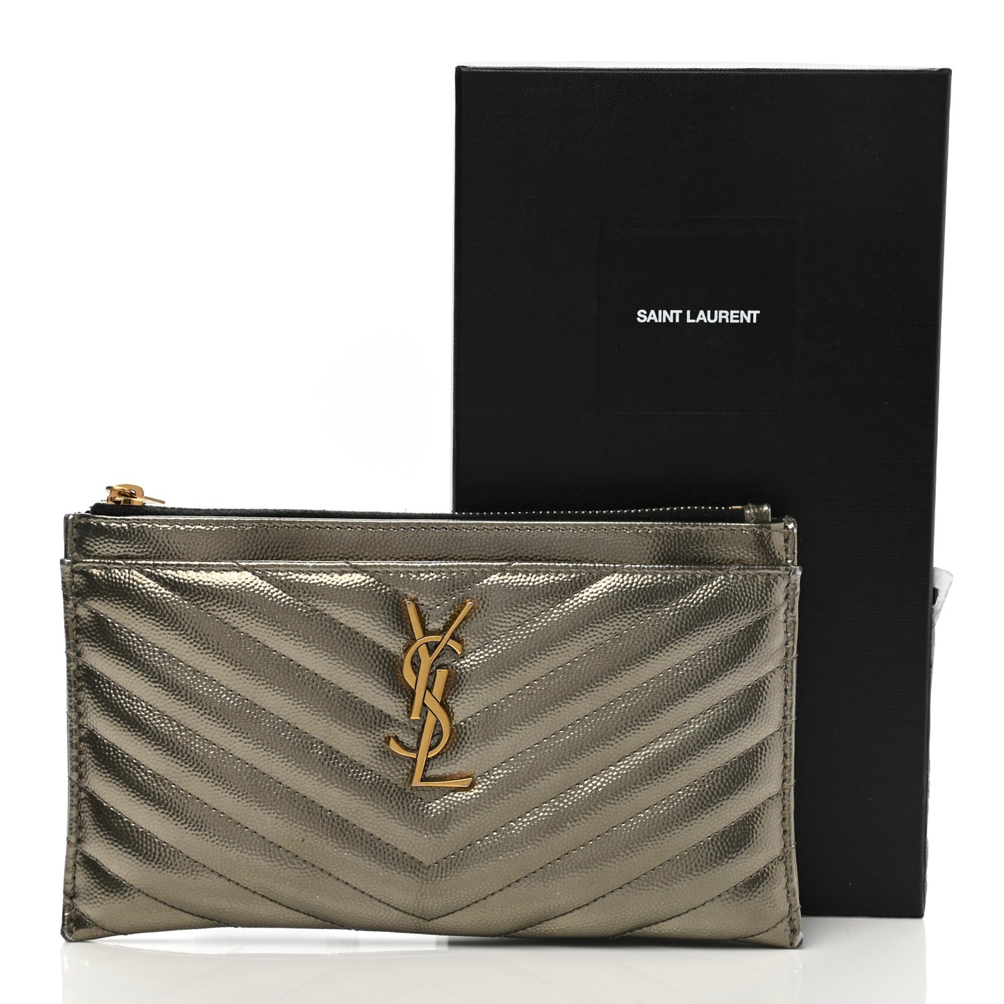 Metallic Grain De Poudre Matelasse Chevron Monogram Bill Pouch Piombo