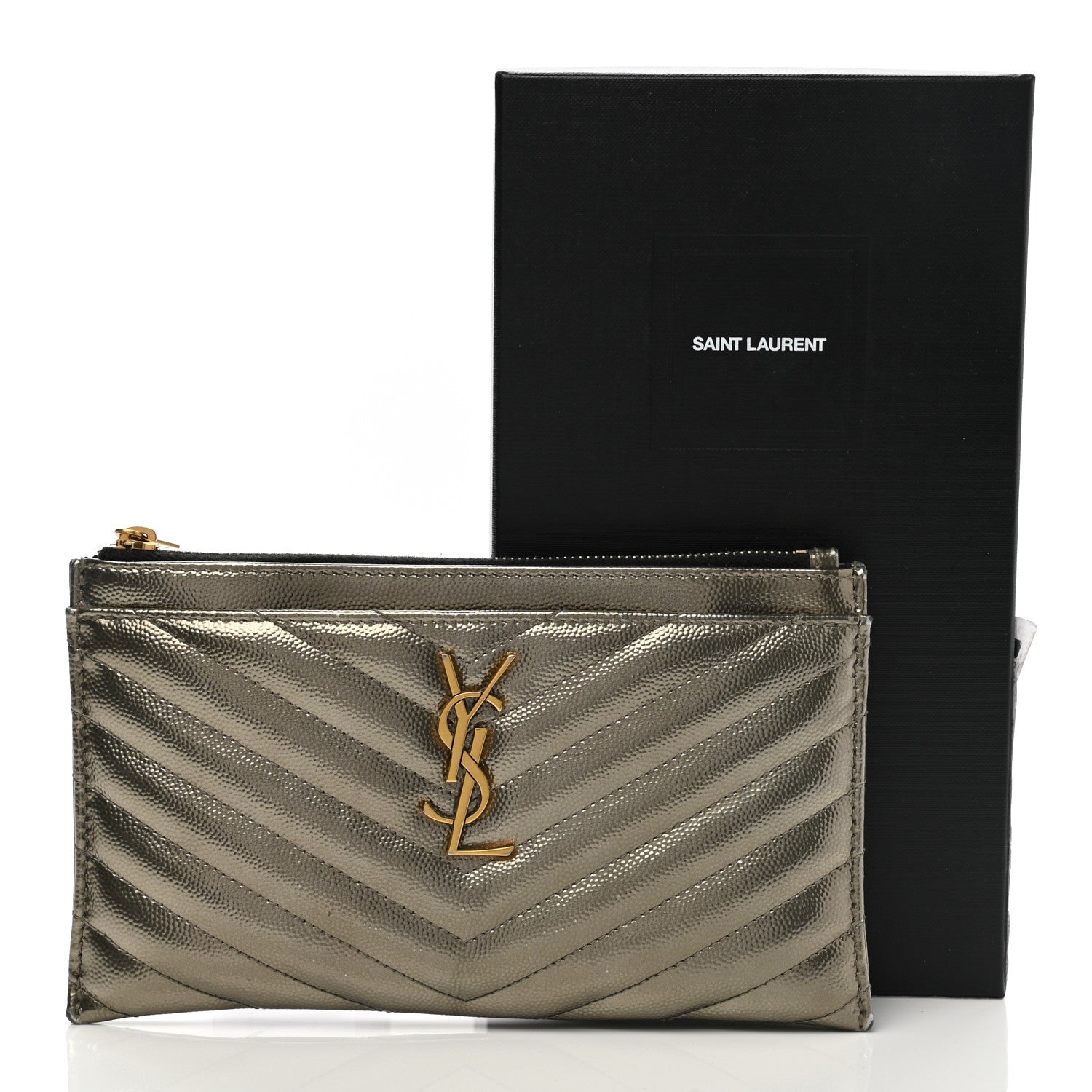 Saint Laurent Metallic Grain De Poudre Matelasse Chevron Monogram Bill Pouch Piombo 13 of 13