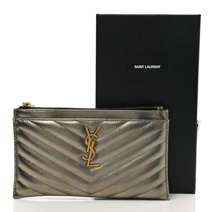 Saint Laurent Metallic Grain De Poudre Matelasse Chevron Monogram Bill Pouch Piombo 13 of 13