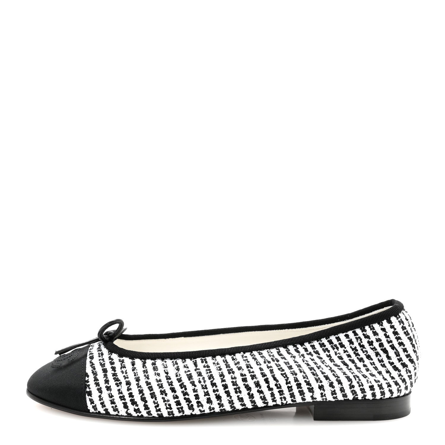 Chanel Tweed Sequin Grosgrain Cap Toe Ballerina Flats 39 Black White 1 of 9