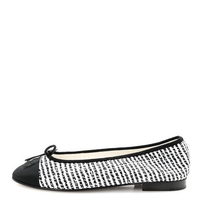 Chanel Tweed Sequin Grosgrain Cap Toe Ballerina Flats 39 Black White 1 of 9