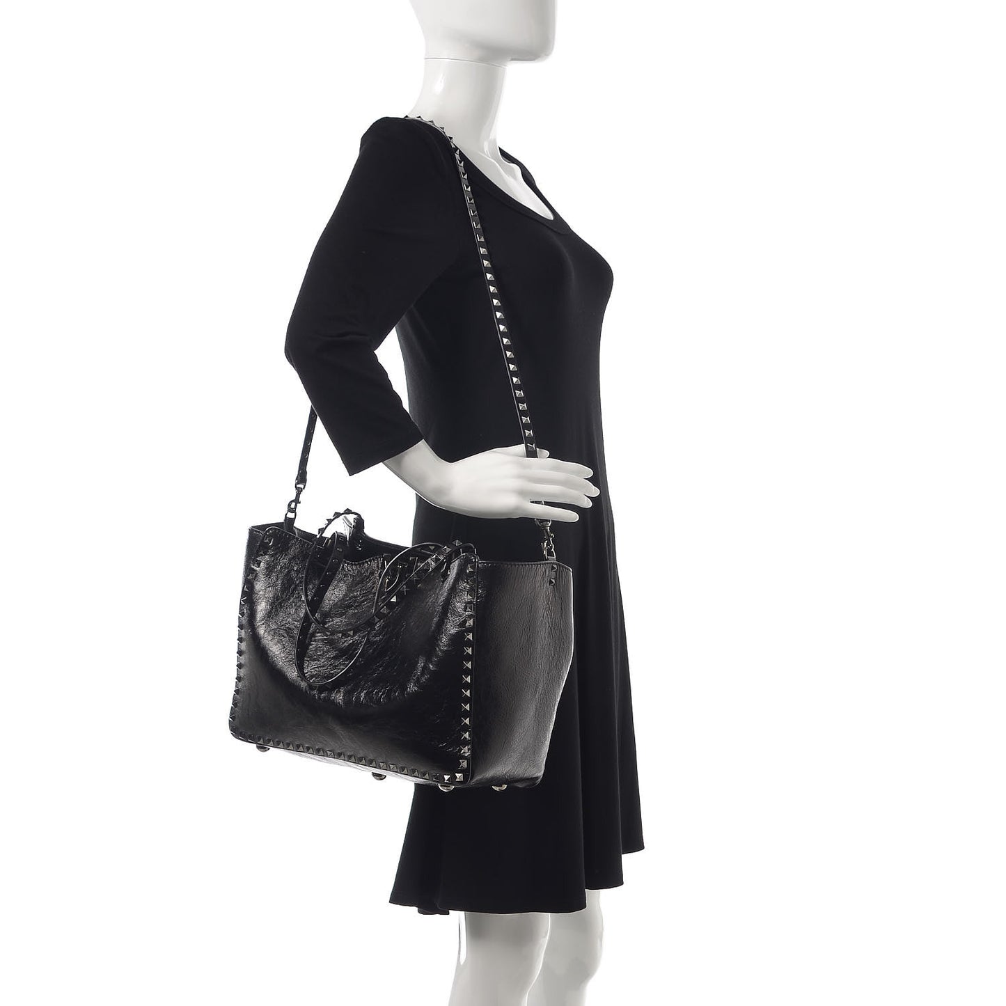 Craquele Calfskin Medium Rockstud Tote Black