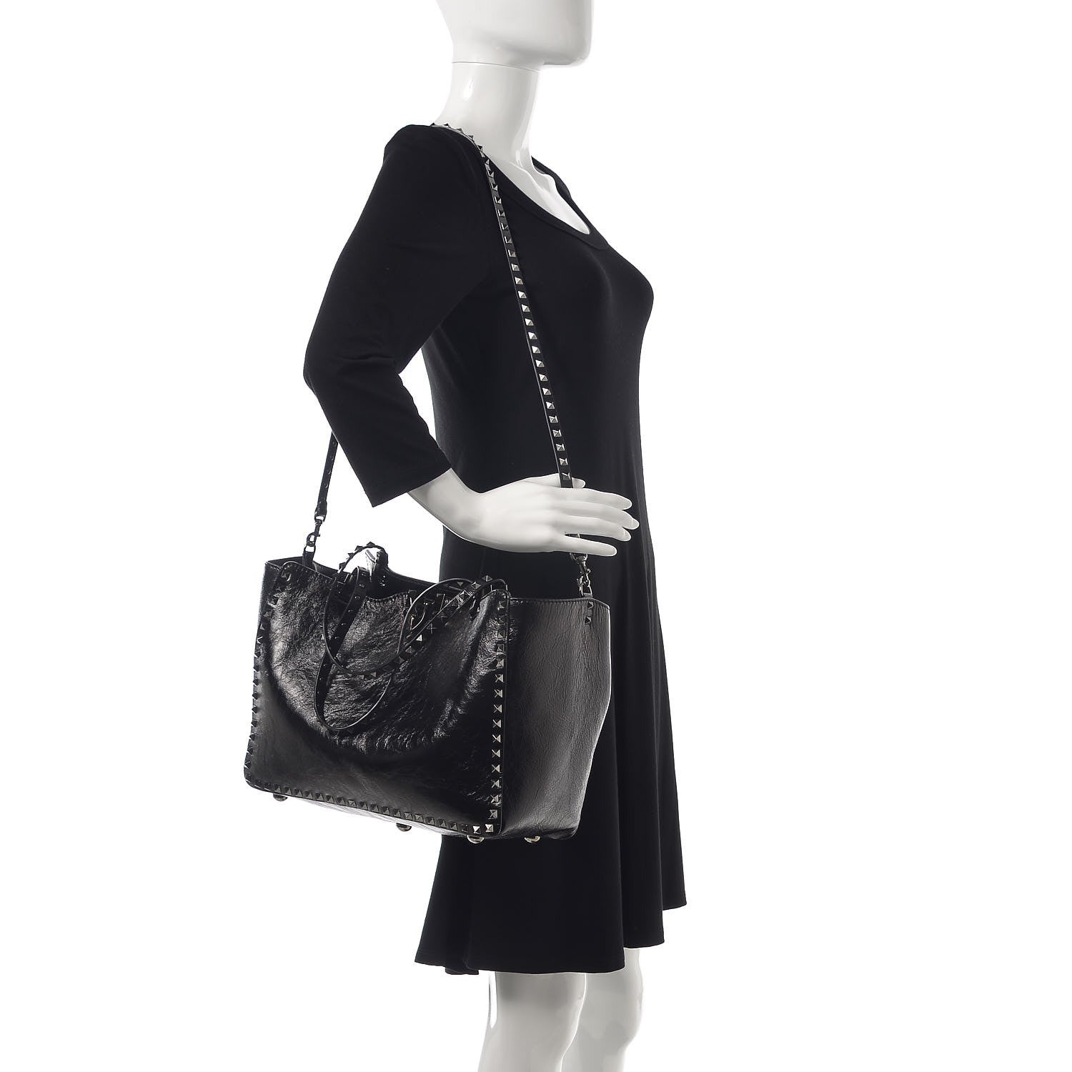 Valentino Garavani Craquele Calfskin Medium Rockstud Tote Black 2 of 9