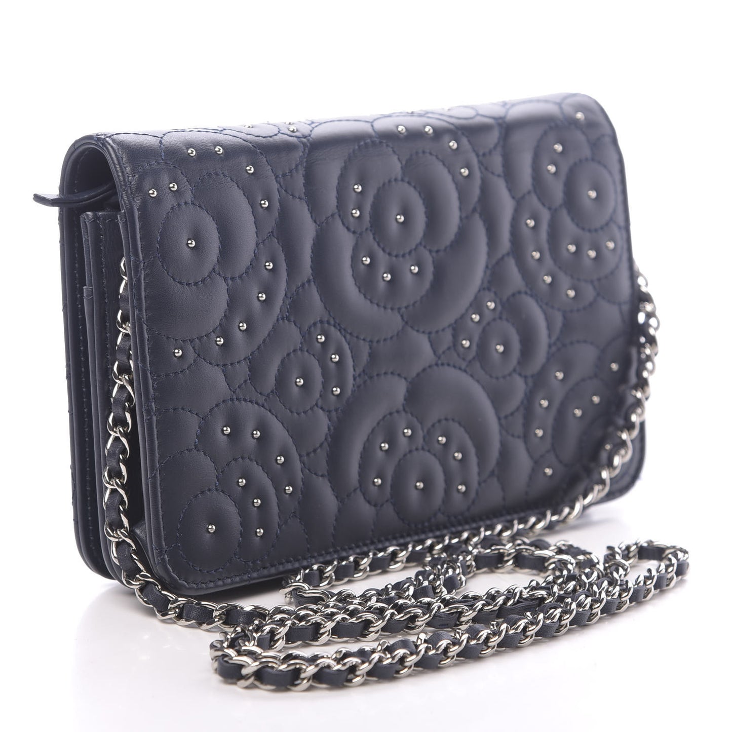 Lambskin Camellia Studded Wallet on Chain WOC Navy