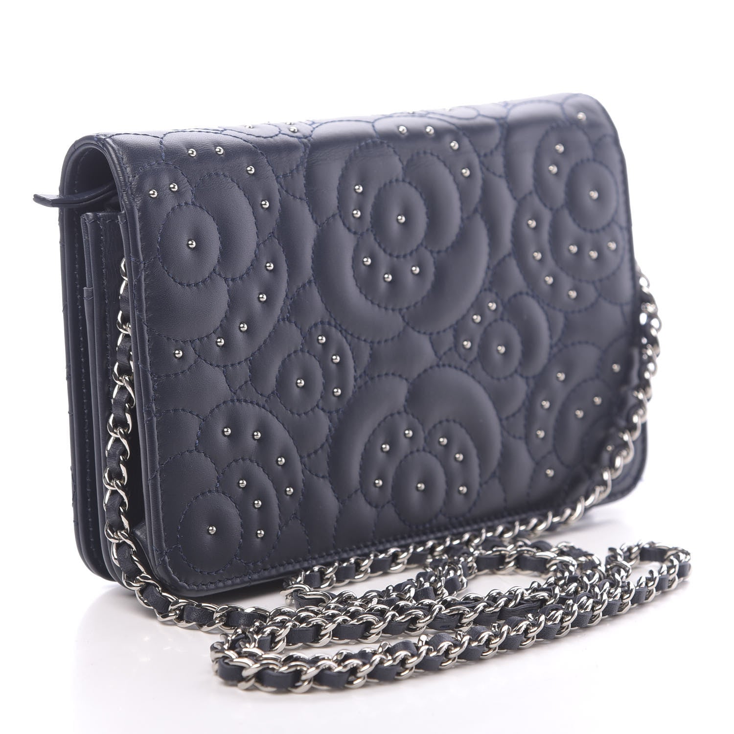 Chanel Lambskin Camellia Studded Wallet on Chain WOC Navy 3 of 12