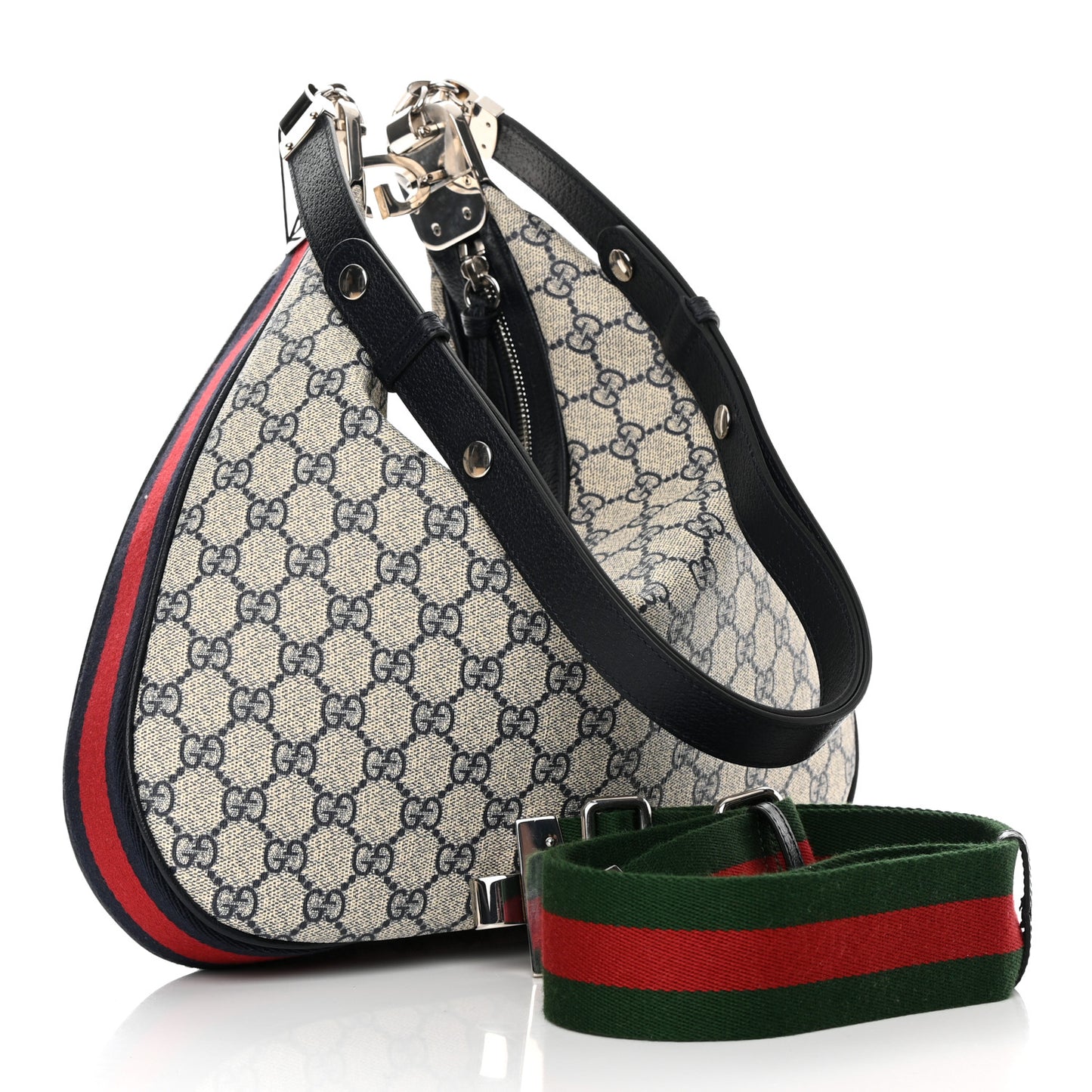GG Supreme Monogram Textured Calfskin Web Large Attache Shoulder Bag Beige Blue
