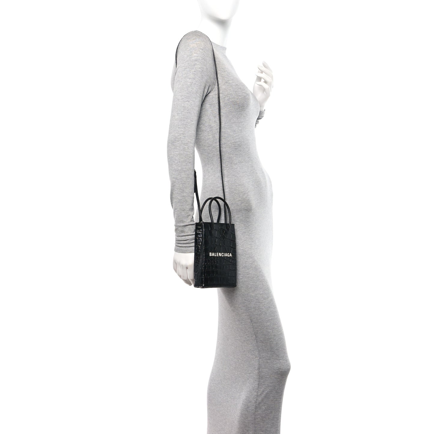 Calfskin Crocodile Embossed Logo Shopping Phone Holder Bag Black