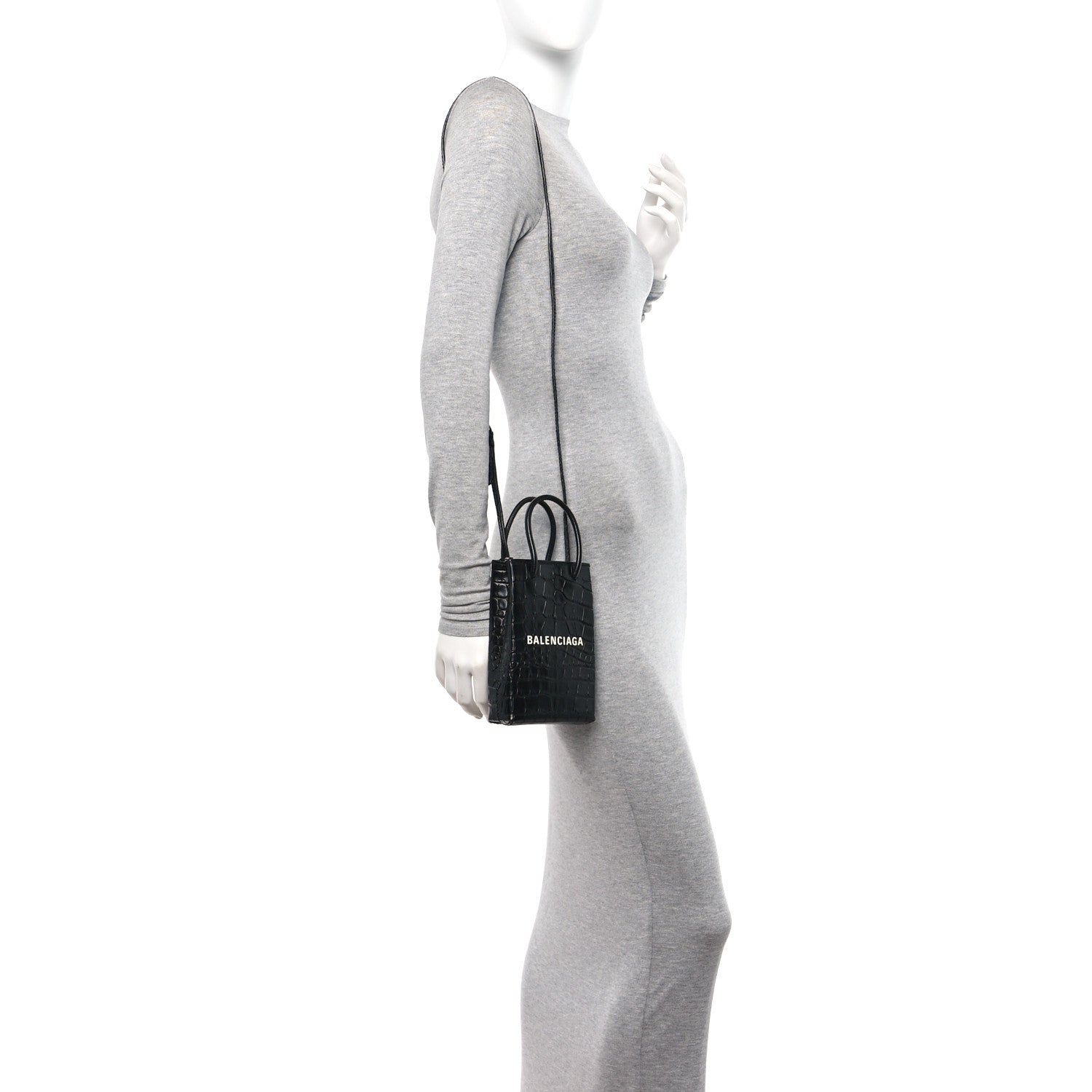 Balenciaga Calfskin Crocodile Embossed Logo Shopping Phone Holder Bag Black 2 of 10