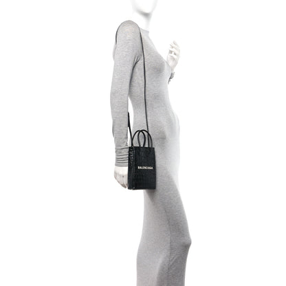 Balenciaga Calfskin Crocodile Embossed Logo Shopping Phone Holder Bag Black 2 of 10