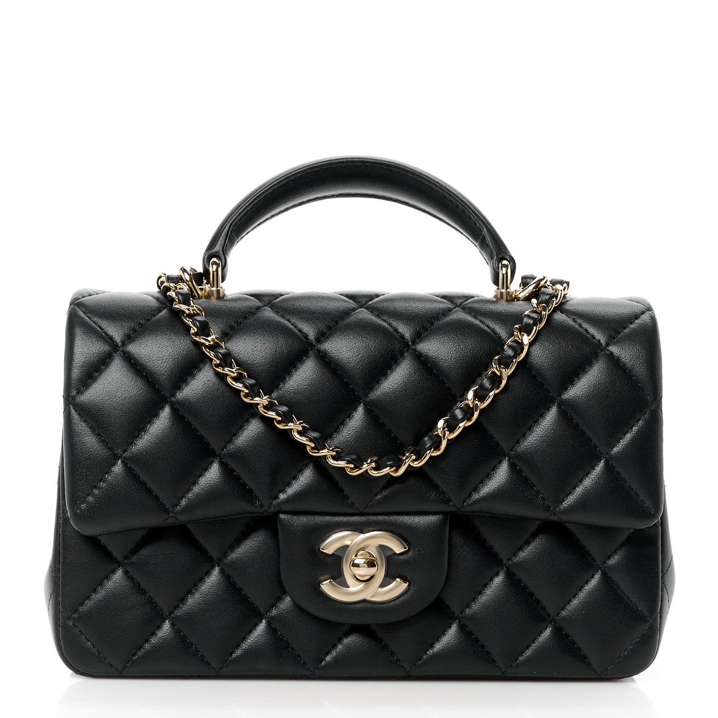 Lambskin Quilted Mini Top Handle Rectangular Flap Black
