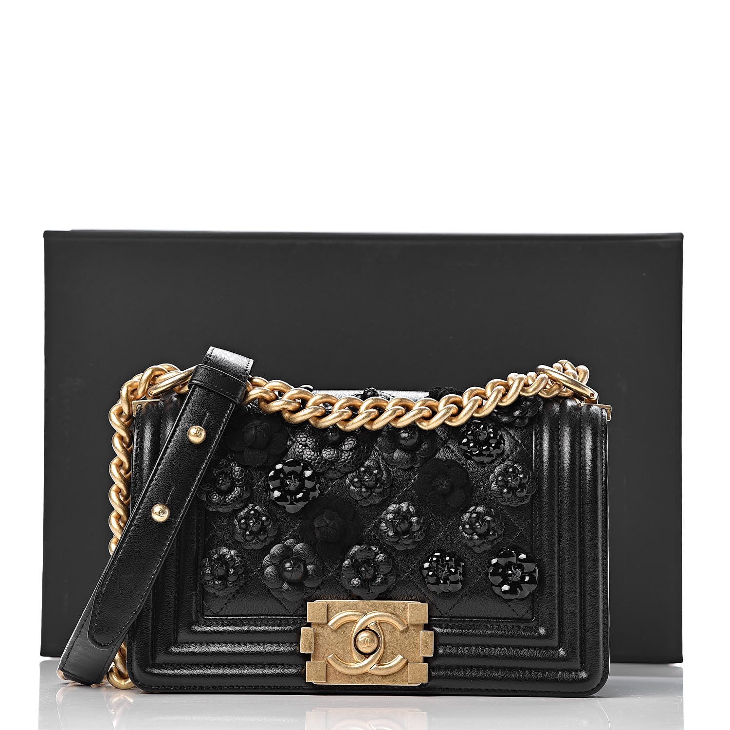 Chanel Lambskin Embroidered Camellia Quilted Small Boy Flap Black 11 of 11