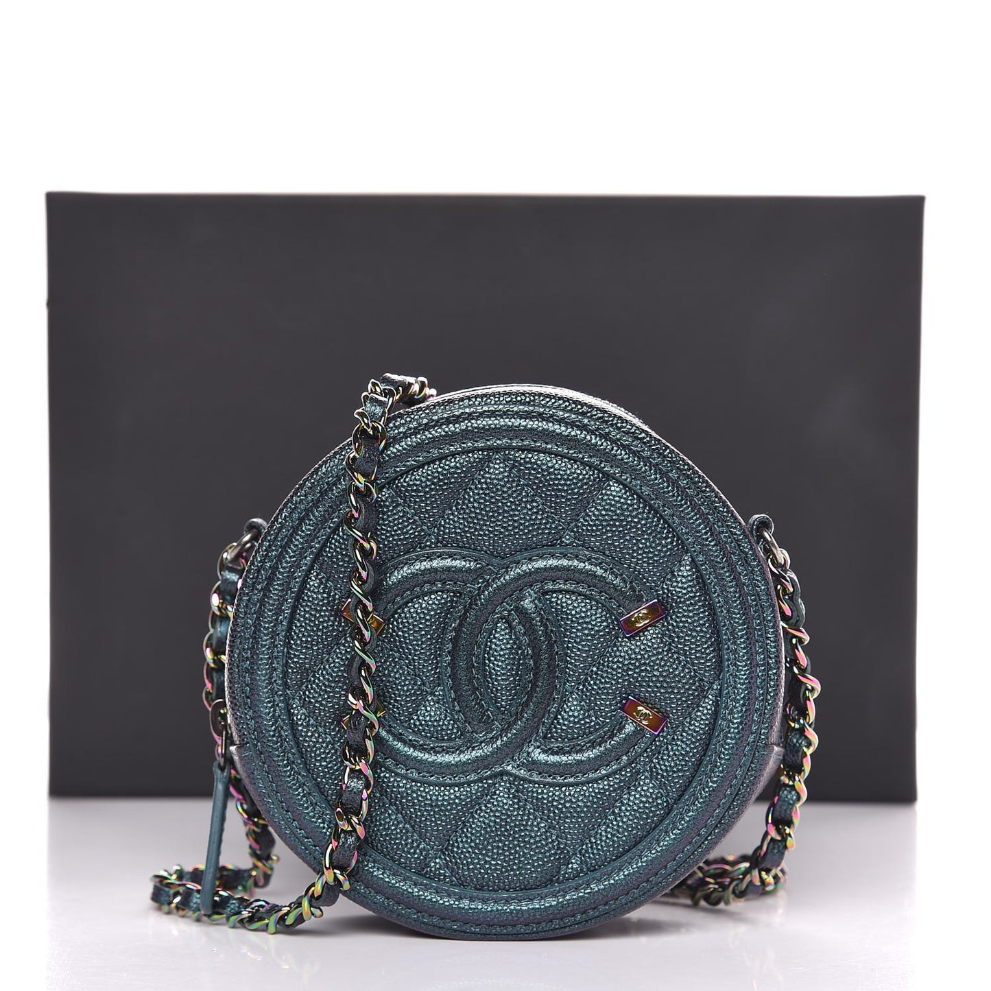 Iridescent Caviar Quilted Round Filigree Crossbody Dark Turquoise