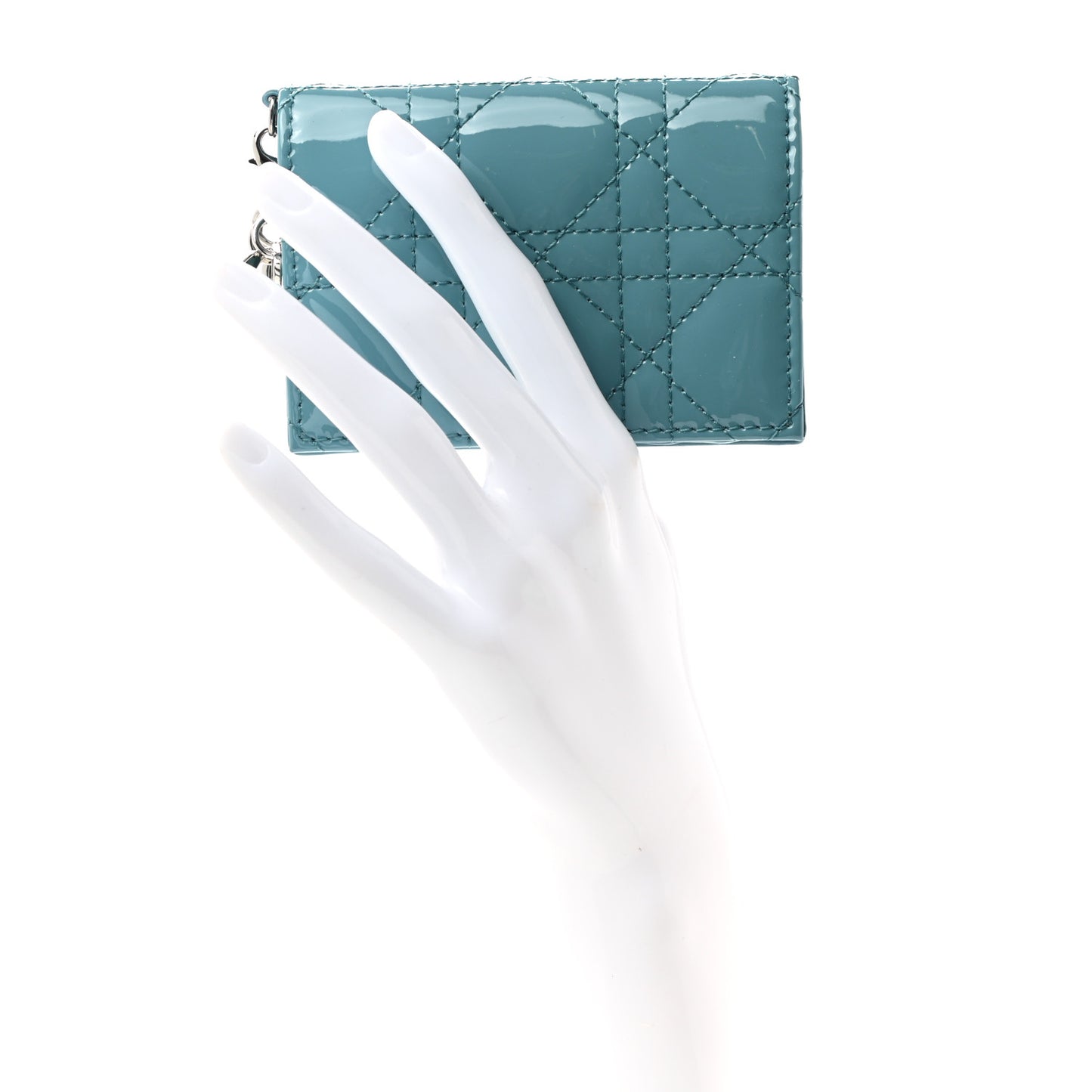Patent Cannage Small Lady Dior Flap Card Holder Gray Stone