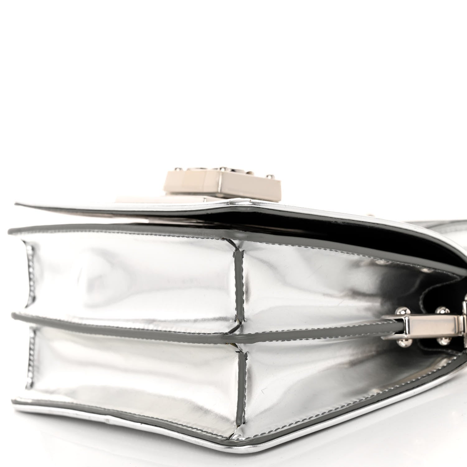 Dolce & Gabbana DOLCE GABBANA Metallic Calfskin Crystal Embellished Small Bella Cubo DG Chain Flap Bag With Cuff Silver 10 of 10
