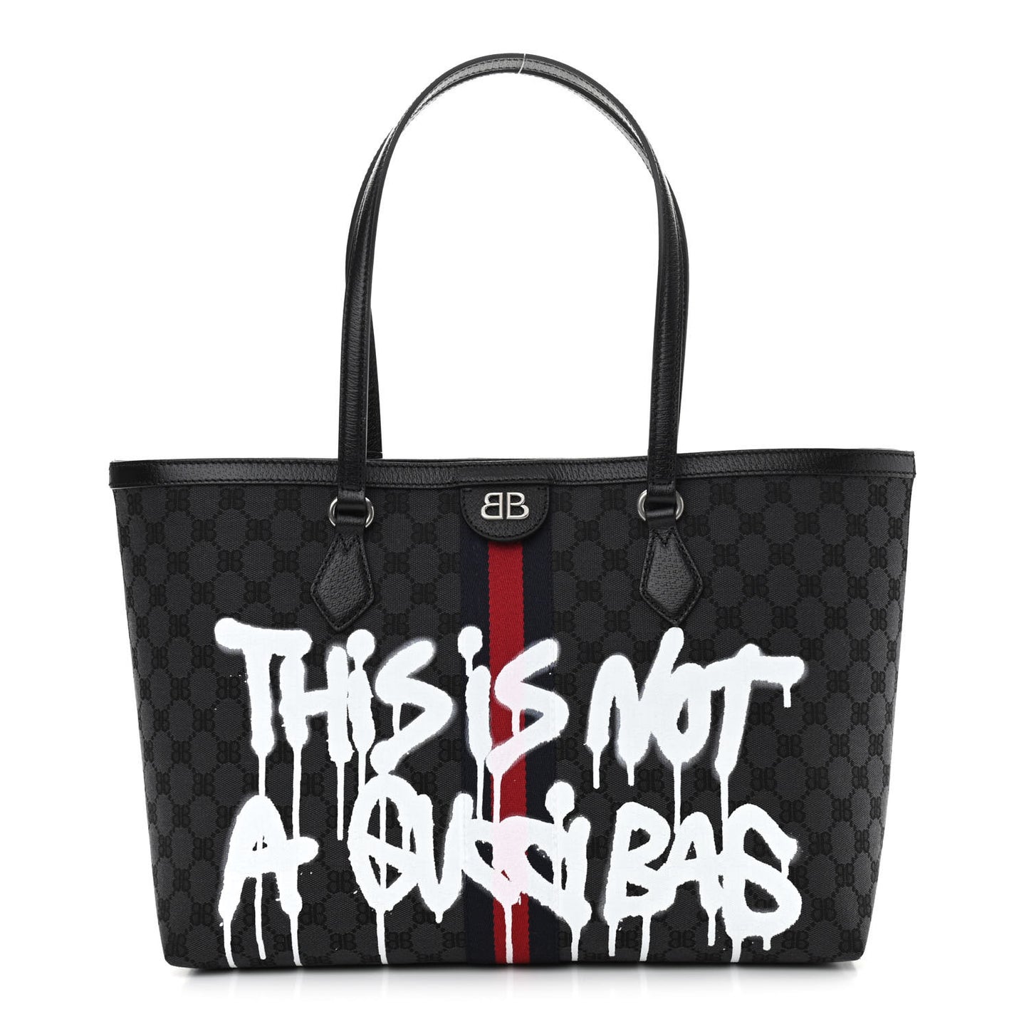 X BALENCIAGA BB Monogram Web Graffiti Medium Ophidia Shopping Tote Black
