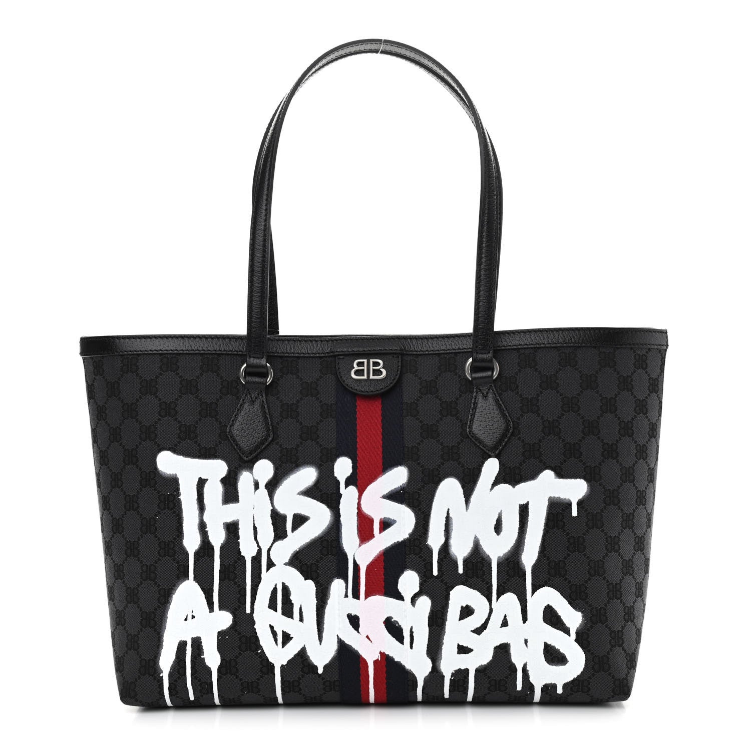 Gucci X BALENCIAGA BB Monogram Web Graffiti Medium Ophidia Shopping Tote Black 1 of 11