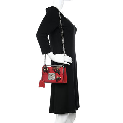 Gucci Calfskin Bee Embroidered Small Padlock Shoulder Bag Hibiscus Red 2 of 11
