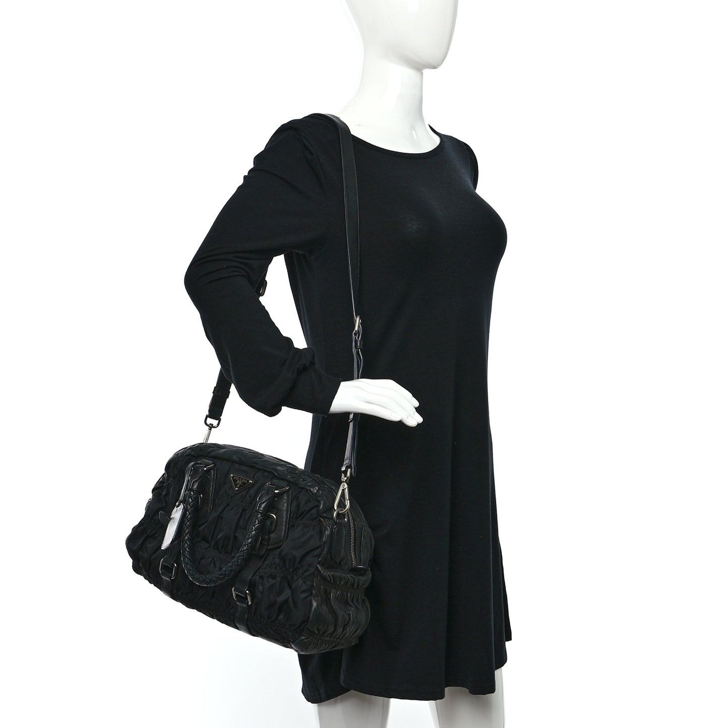 Tessuto Nylon Nappa Braided Gaufre Shopping Satchel Black