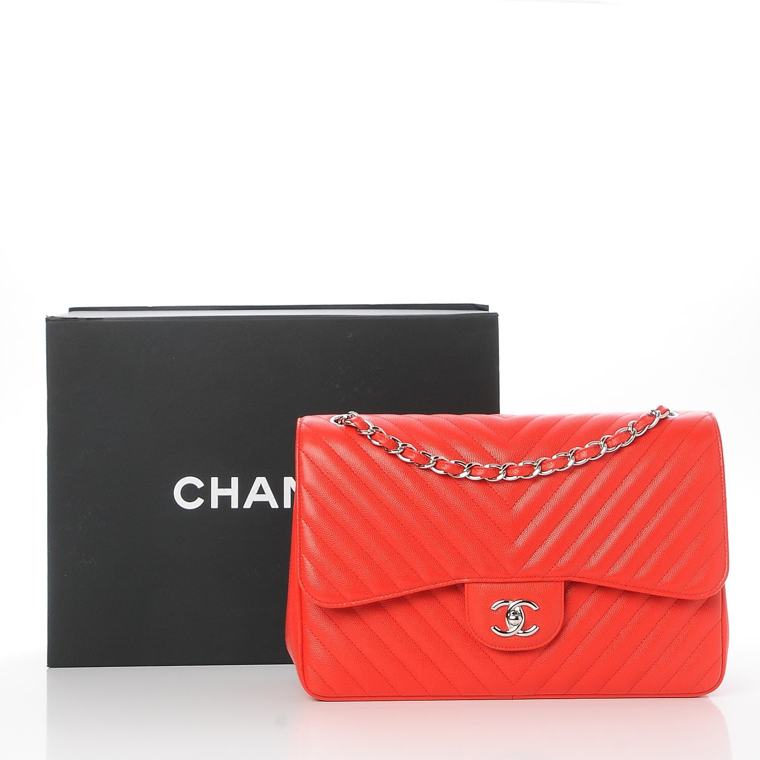 Chanel Caviar Chevron Quilted Jumbo Double Flap Red 9 of 9