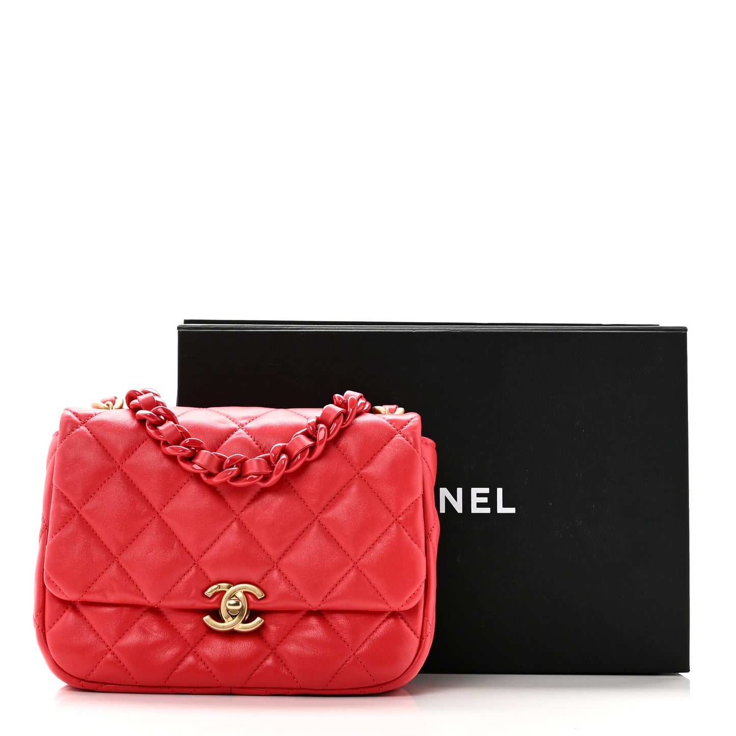 Lambskin Quilted Small Lacquered Chain Flap Red
