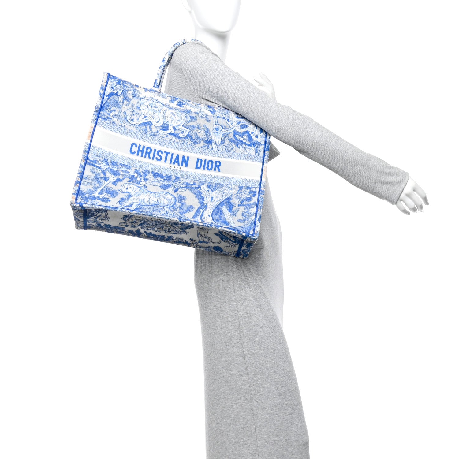Christian Dior Transparent Canvas Embroidered Large Toile De Jouy Reverse Book Tote Fluorescent Blue 2 of 13