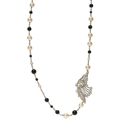 Chanel Pearl Crystal Baguette Beaded Wing Long Necklace Black Gold 1 of 4