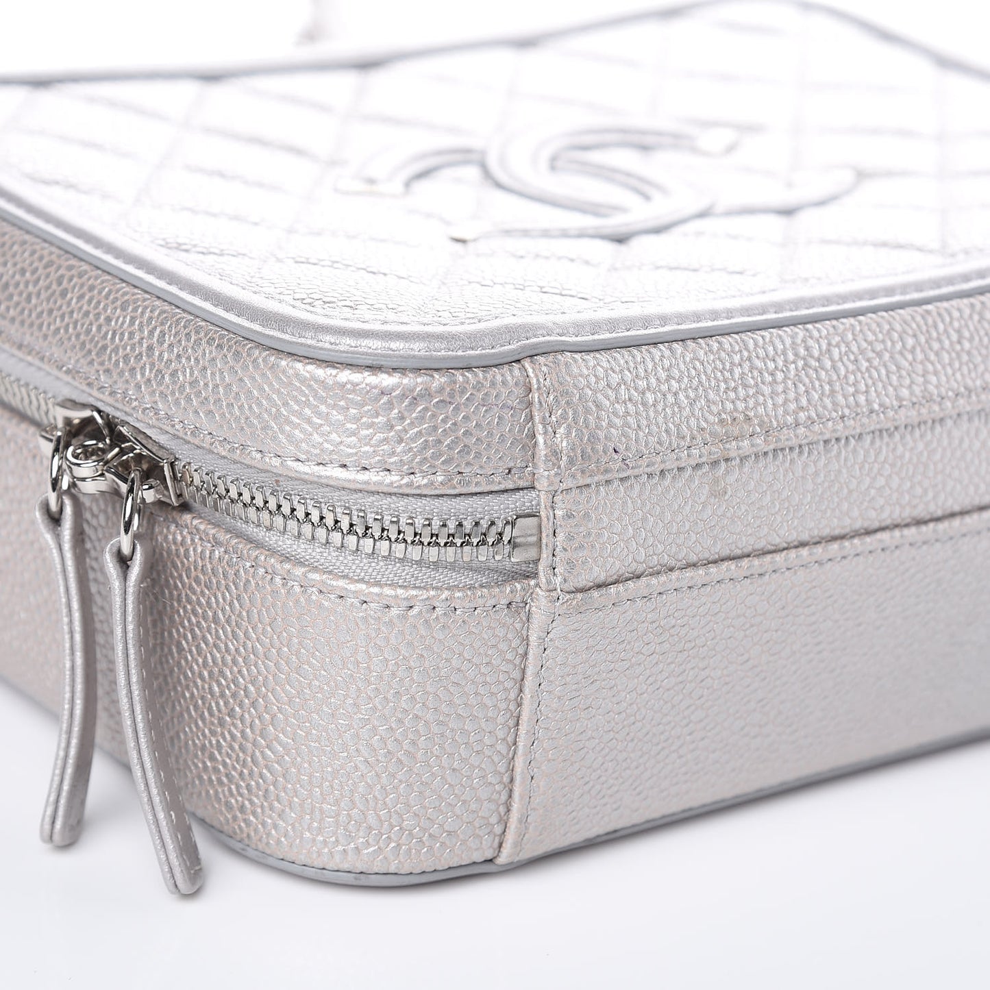 Metallic Caviar Quilted Medium CC Filigree Vanity Case Silver
