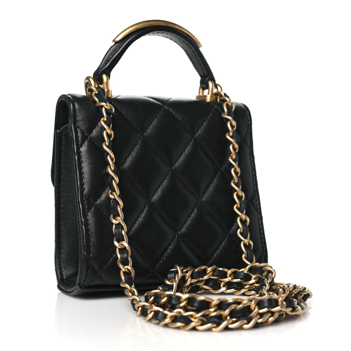 Lambskin Quilted Metal Top Handle Flap Clutch With Chain Black Black
