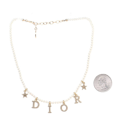 Christian Dior Pearl Crystal Star Logo Charm Necklace Gold 2 of 4