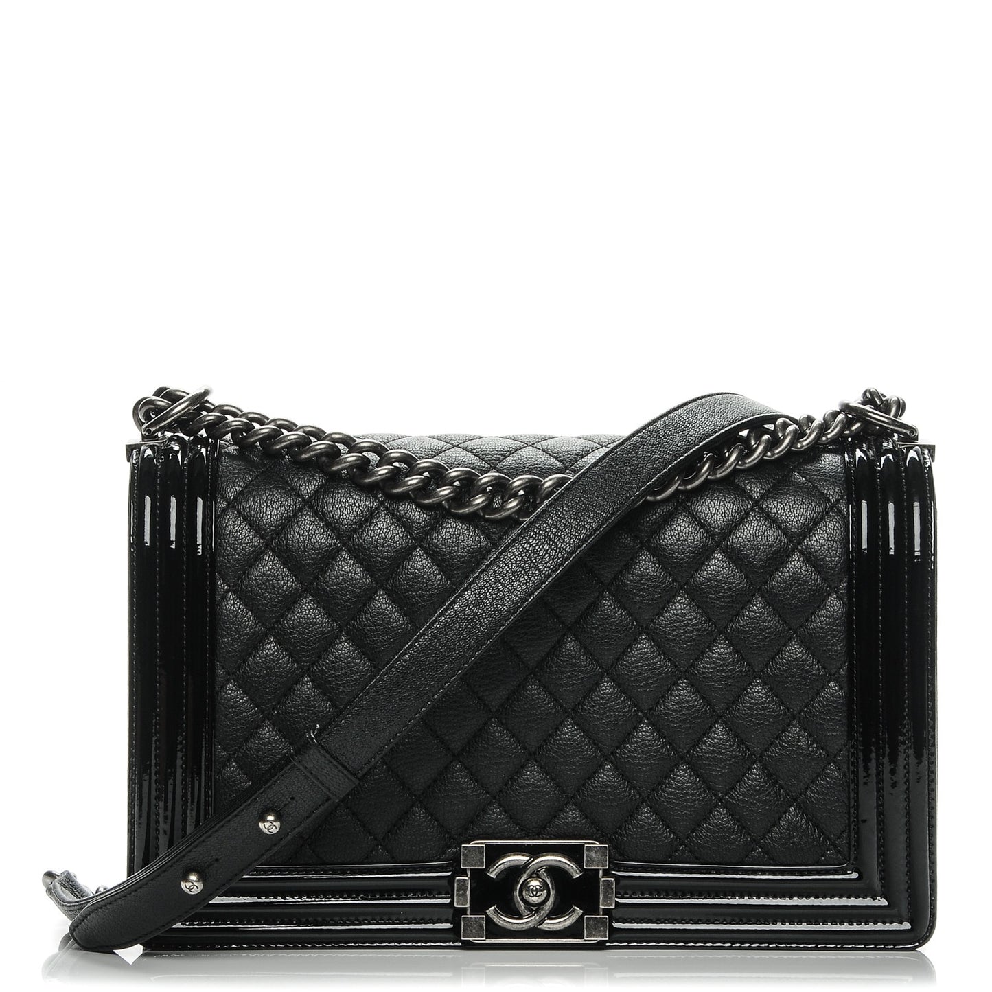 Goatskin Quilted Patent New Medium Duo Boy Flap Black