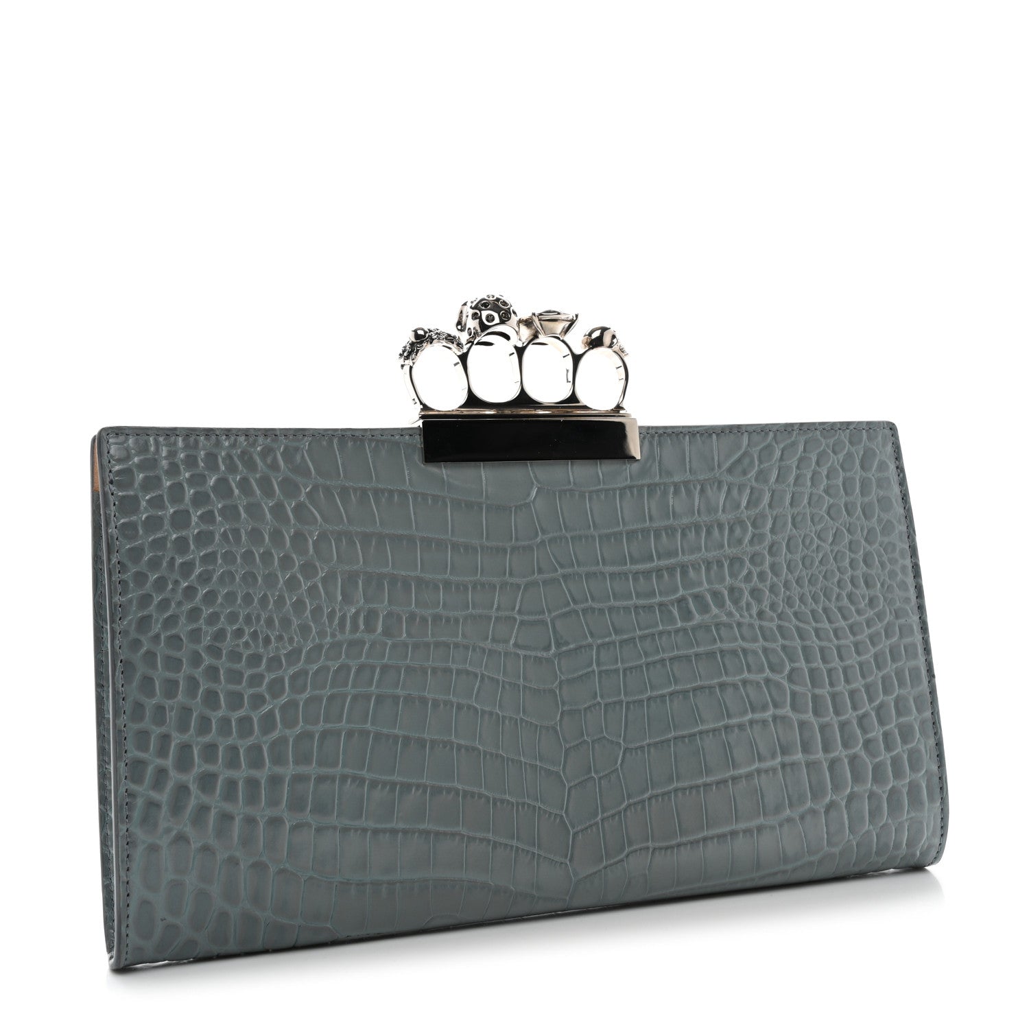 Alexander McQueen Calfskin Crocodile Embossed Knuckle Flat Clutch Light Blue 3 of 7