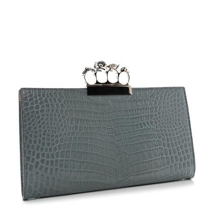 Alexander McQueen Calfskin Crocodile Embossed Knuckle Flat Clutch Light Blue 3 of 7
