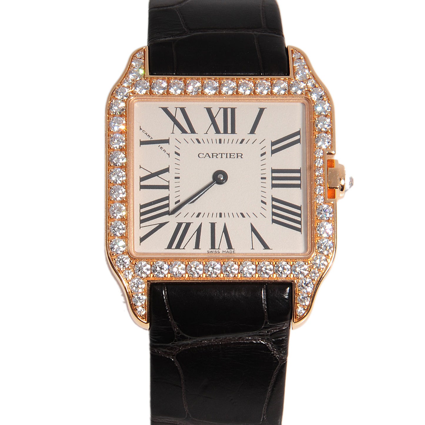 18K Pink Gold Alligator Diamond Bezel 30mm Santos Dumont Quartz Watch