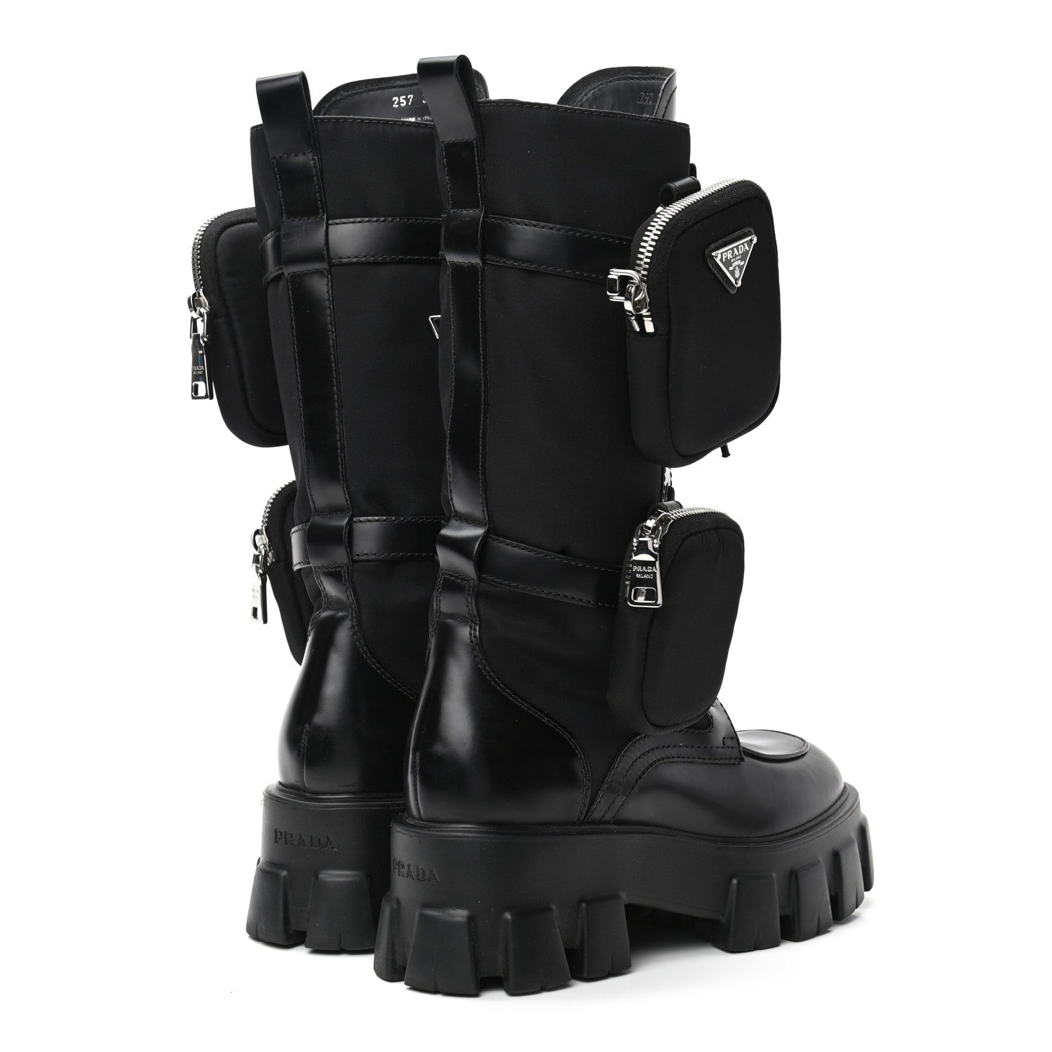 Prada Spazzolato Rois Re-Nylon Metal Triangle Logo Monolith Pouch Pocket 55mm Tall Combat Boots 36.5 Black 4 of 8