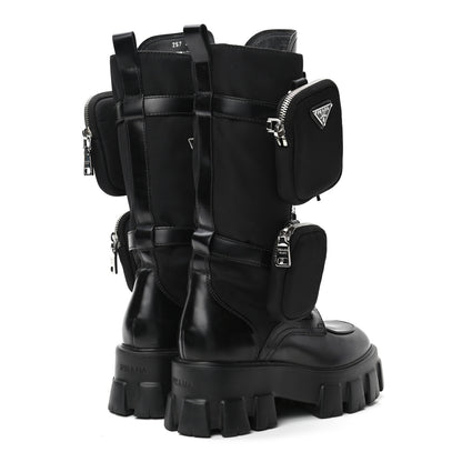 Prada Spazzolato Rois Re-Nylon Metal Triangle Logo Monolith Pouch Pocket 55mm Tall Combat Boots 36.5 Black 4 of 8