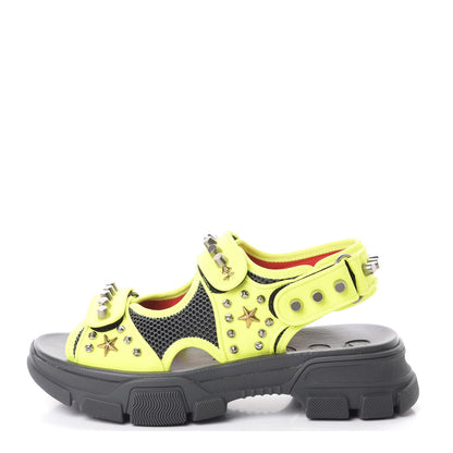 Gucci Technical Canvas Calfskin Studded Mens Aguru Sandals 6 Neon Yellow 1 of 7
