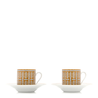 Hermes Porcelain Mosaique Au 24 Gold Coffee Cup and Saucer Set of 2 1 of 12