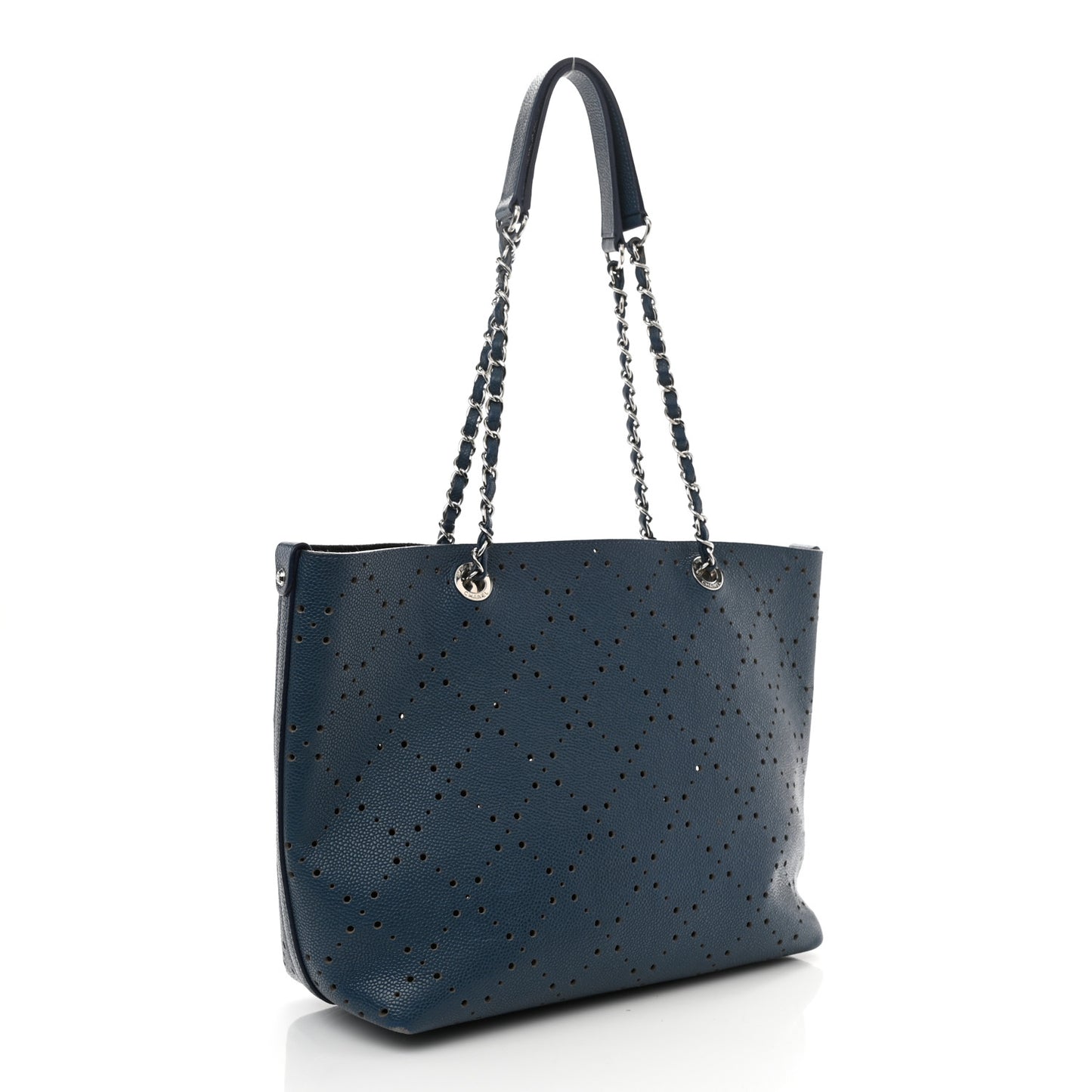 Perforated Grained Calfskin Large Shopping Tote Blue