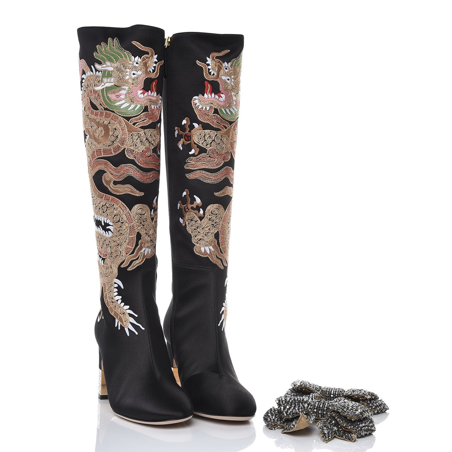 Silk Satin Malaga Kid Embroidered Candy Dragon Block-Heel Knee Boot 37.5 Black