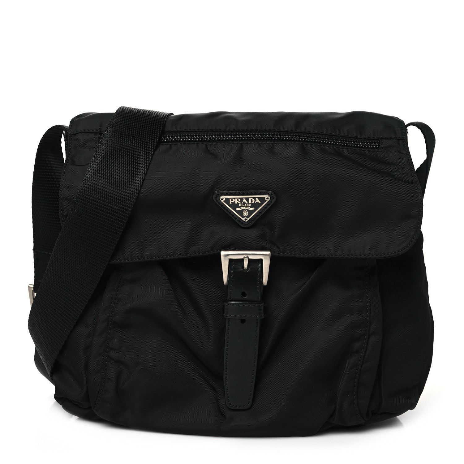 Prada Nylon Vela Saffiano Single Buckle Messenger Shoulder Bag Black 1 of 9