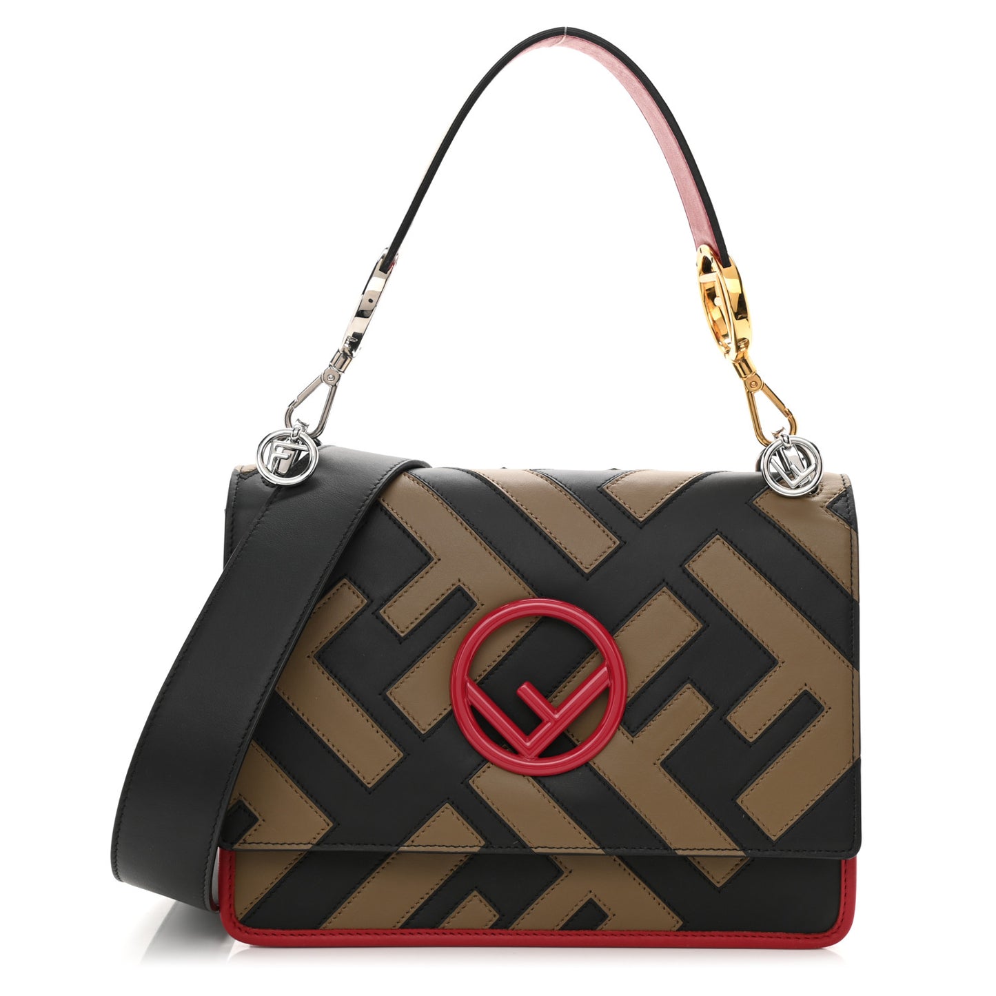 Vitello Century F is Fendi FF Diagonal Inlay Kan I Shoulder Bag Fango Black Fragola