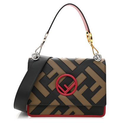 Fendi Vitello Century F is Fendi FF Diagonal Inlay Kan I Shoulder Bag Fango Black Fragola 1 of 8