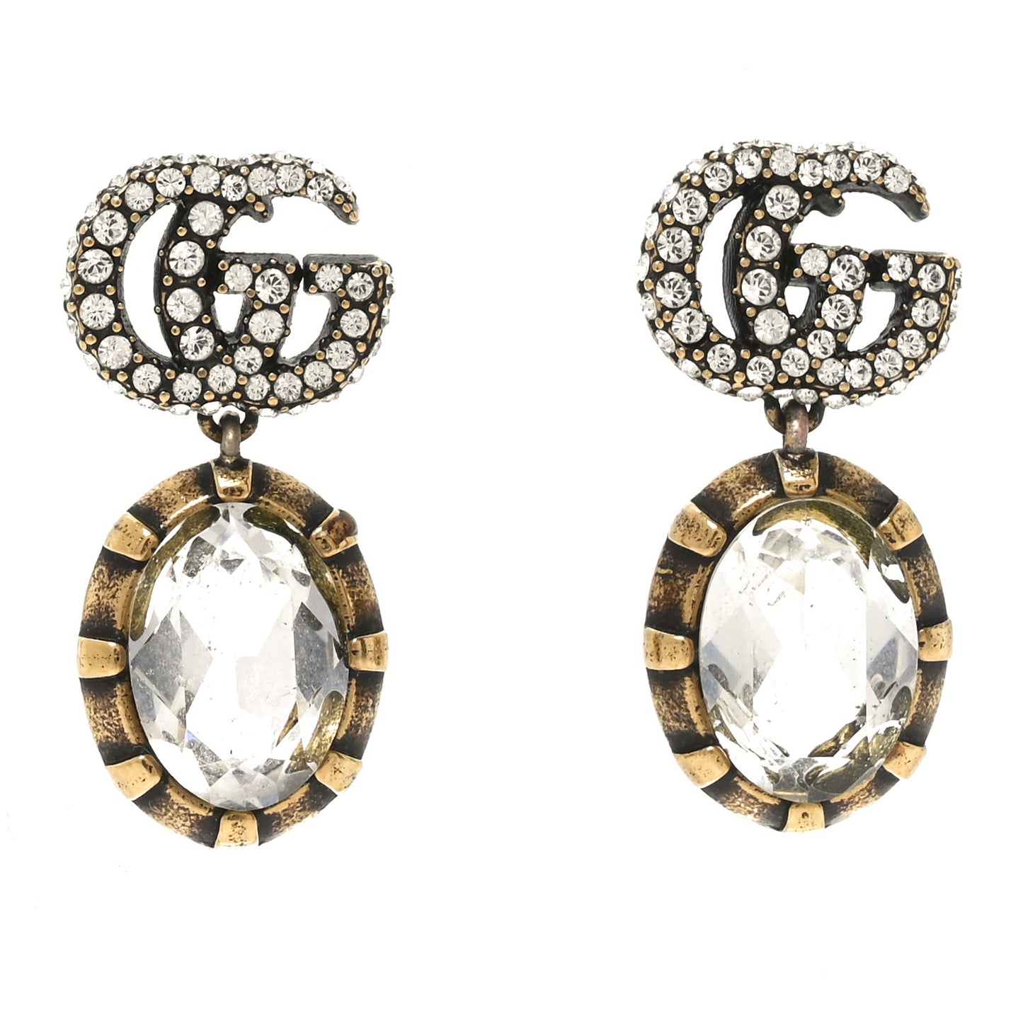 Metal Crystal Double G Drop Earrings Aged Gold