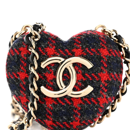 Chanel Tweed Lambskin CC Heart Mirror Locket Necklace Gold Grey Red Black 7 of 9
