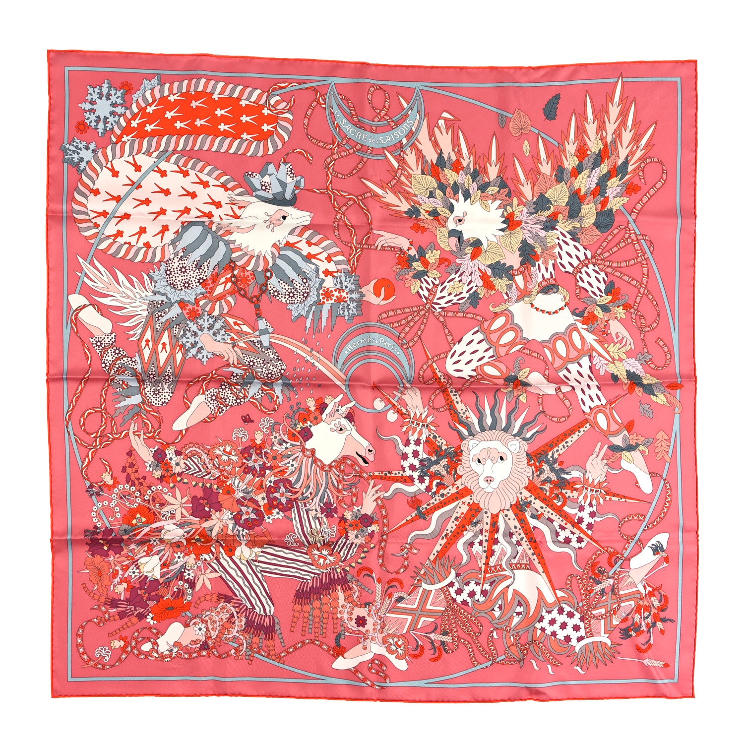 Hermes Silk Le Sacre Des Saisons Scarf 90 Vieux Rose Gris Bleute Orange 1 of 5