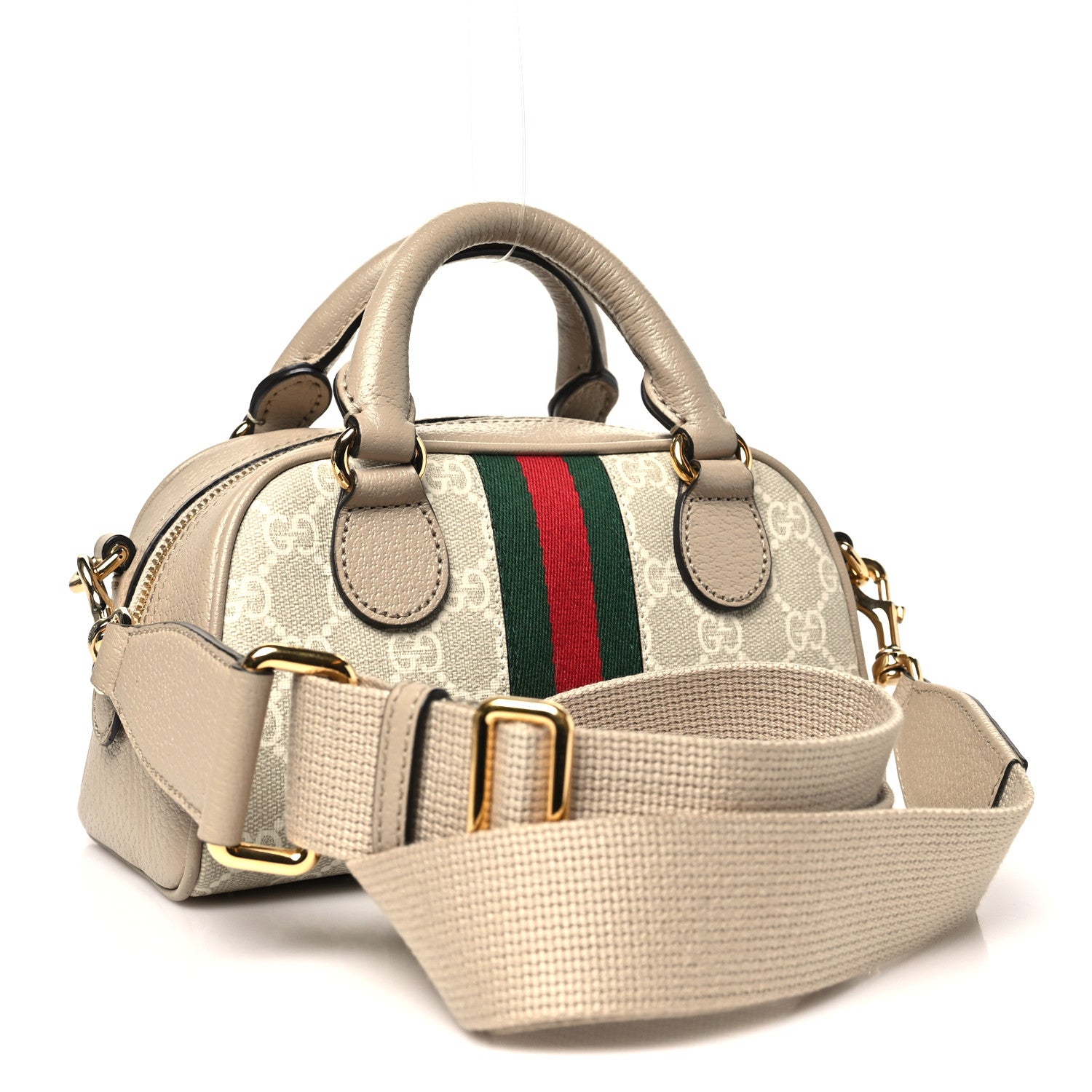 Gucci GG Supreme Monogram Textured Dollar Calfskin Web Mini Ophidia Top Handle Bowler Bag Beige Mystic White Oatmeal 3 of 10
