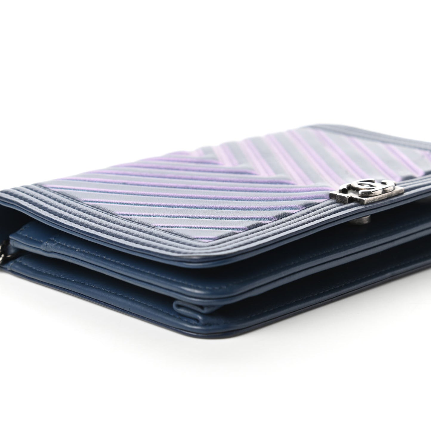 Calfskin Painted Chevron Embossed Boy Wallet On Chain WOC Navy