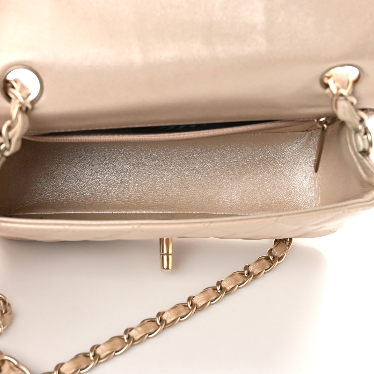Iridescent Calfskin Quilted Mini Rectangular Flap Beige